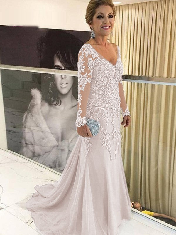 Sheath/Column Applique V-neck Long Sleeves Sweep/Brush Train Mother of the Bride Dresses