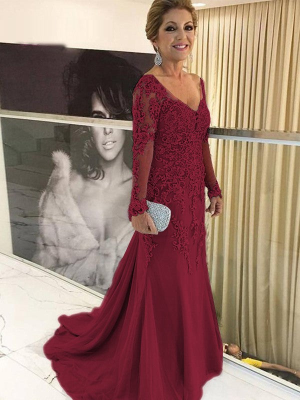 Sheath/Column Applique V-neck Long Sleeves Sweep/Brush Train Mother of the Bride Dresses