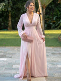 A-Line/Princess Ruffles V-neck Long Sleeves Sweep/Brush Train Mother of the Bride Dresses