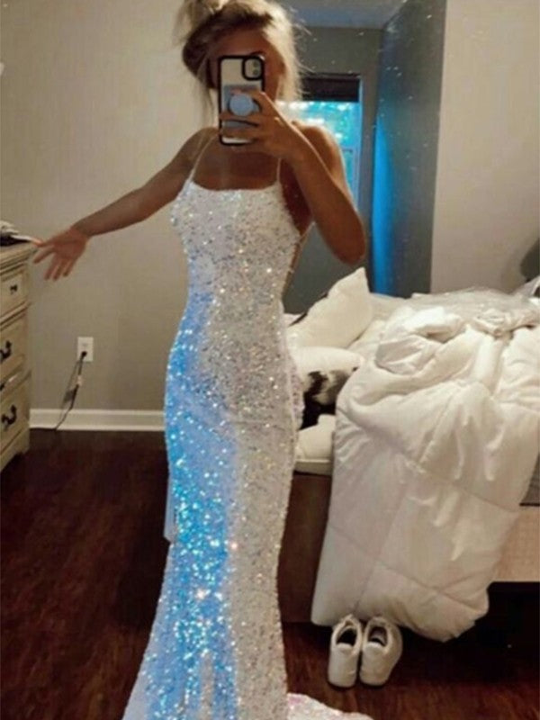Sheath/Column Sequins Spaghetti Straps Sleeveless Sweep/Brush Train Dresses