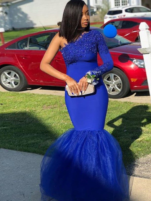 Trumpet/Mermaid Applique One-Shoulder Long Sleeves Sweep/Brush Train Dresses