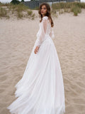 A-Line/Princess Applique V-neck Long Sleeves Sweep/Brush Train Wedding Dresses