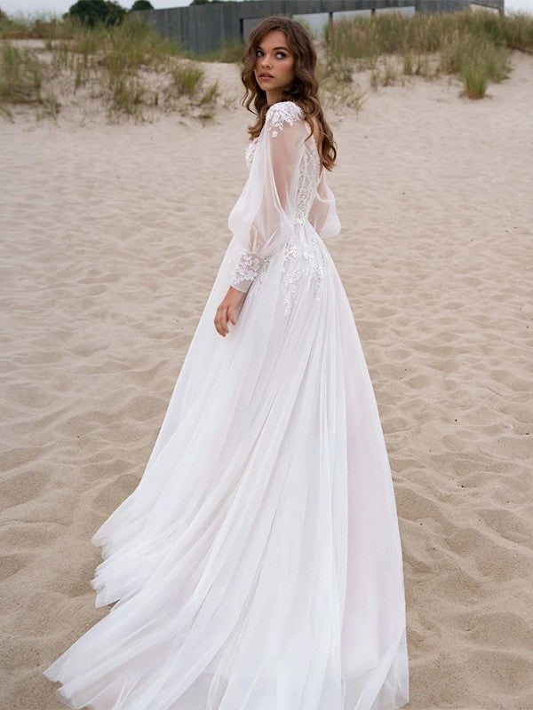 A-Line/Princess Applique V-neck Long Sleeves Sweep/Brush Train Wedding Dresses