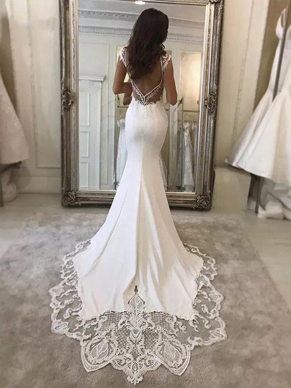 Sheath/Column V-neck Sleeveless Sweep/Brush Train Wedding Dresses