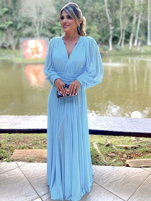 A-Line/Princess Ruffles V-neck Long Sleeves Floor-Length Mother of the Bride Dresses