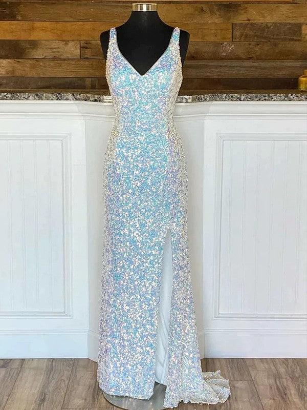 Sheath/Column Sequins V-neck Sleeveless Sweep/Brush Train Dresses