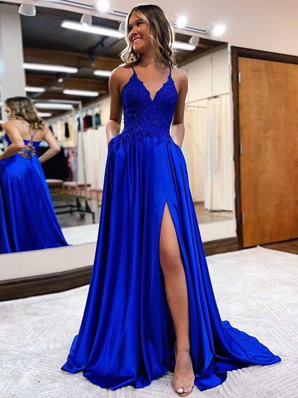 A-Line/Princess Elastic Woven Applique V-neck Sleeveless Sweep/Brush Train Dresses