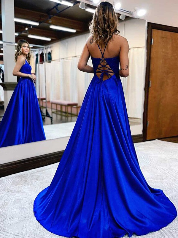 A-Line/Princess Elastic Woven Applique V-neck Sleeveless Sweep/Brush Train Dresses