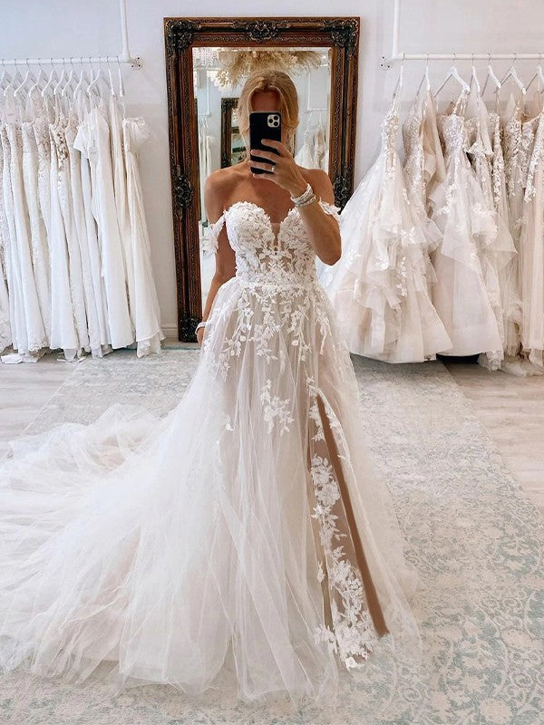 A-Line/Princess Applique Off-the-Shoulder Sleeveless Chapel Train Wedding Dresses