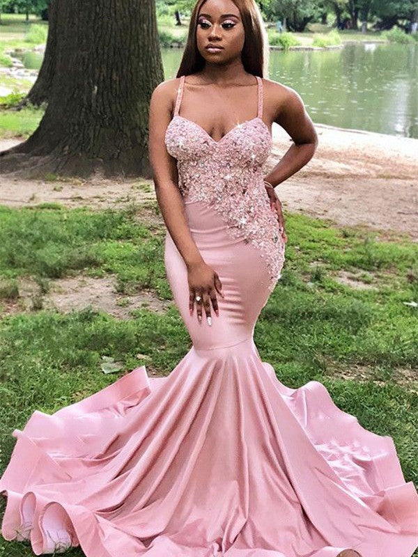 Trumpet/Mermaid like Applique V-neck Sleeveless Sweep/Brush Train Dresses