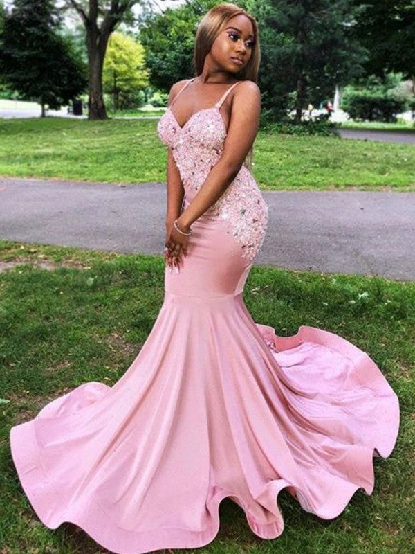 Trumpet/Mermaid like Applique V-neck Sleeveless Sweep/Brush Train Dresses