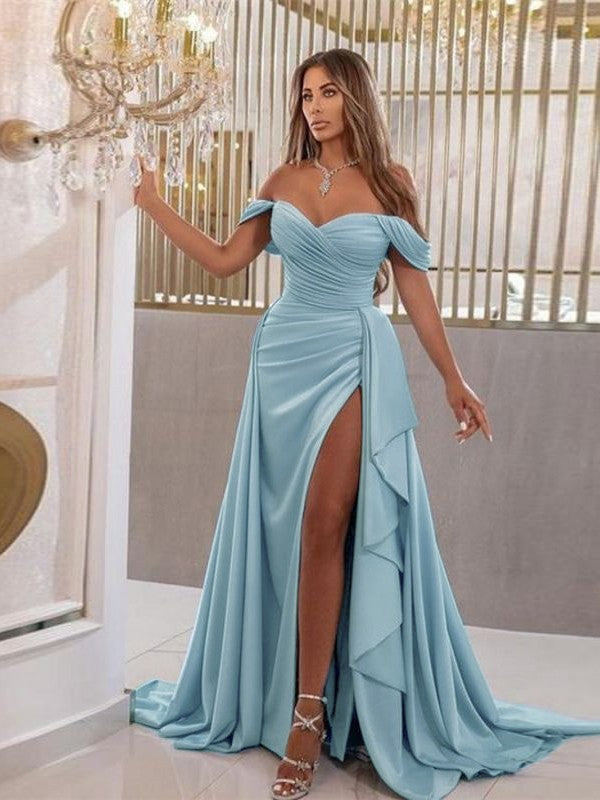 Sheath/Column Ruched Off-the-Shoulder Sleeveless Sweep/Brush Train Dresses