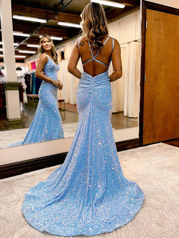 Sheath/Column Sequins Ruched V-neck Sleeveless Sweep/Brush Train Dresses