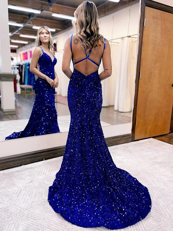 Sheath/Column Sequins Ruched V-neck Sleeveless Sweep/Brush Train Dresses