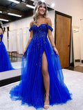 A-Line/Princess Applique Off-the-Shoulder Sleeveless Sweep/Brush Train Dresses