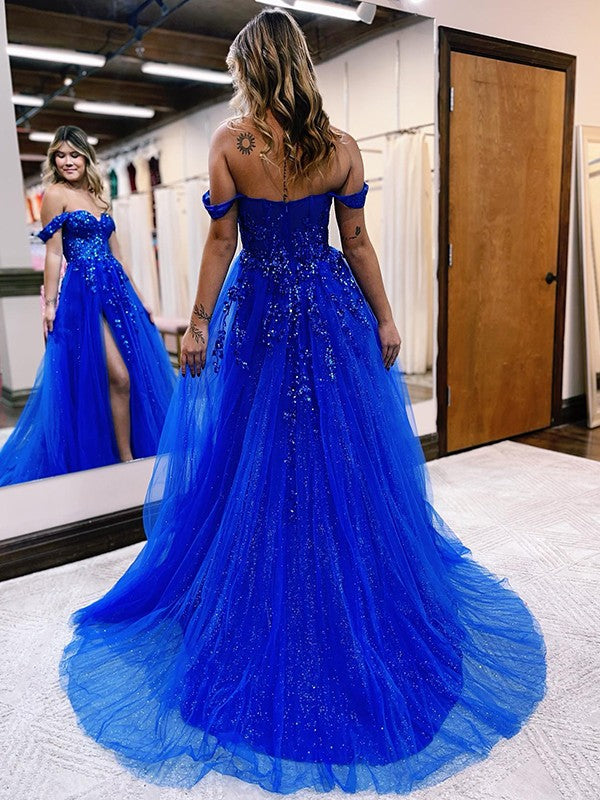 A-Line/Princess Applique Off-the-Shoulder Sleeveless Sweep/Brush Train Dresses