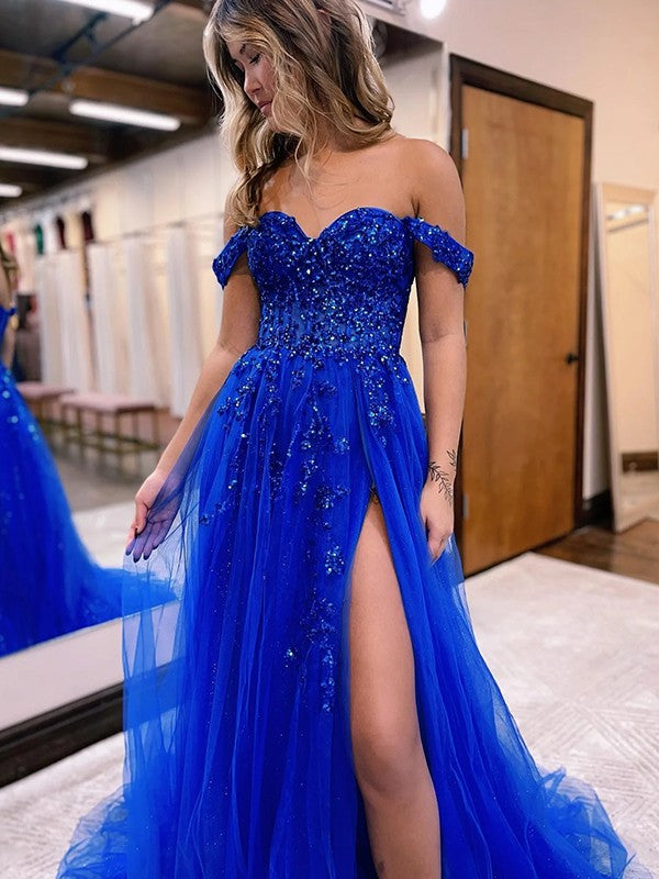 A-Line/Princess Applique Off-the-Shoulder Sleeveless Sweep/Brush Train Dresses