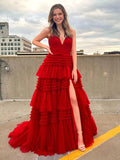 A-Line/Princess Ruffles V-neck Sleeveless Sweep/Brush Train Dresses