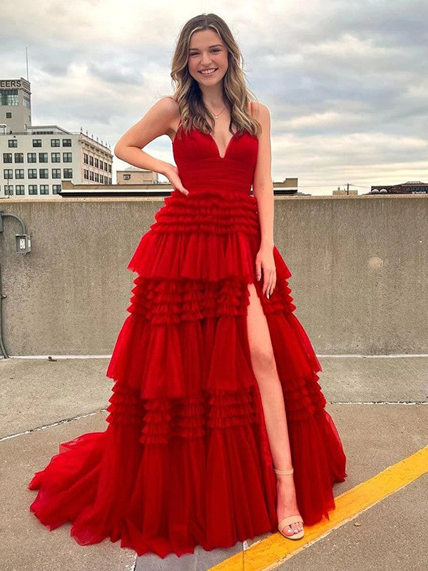 A-Line/Princess Ruffles V-neck Sleeveless Sweep/Brush Train Dresses