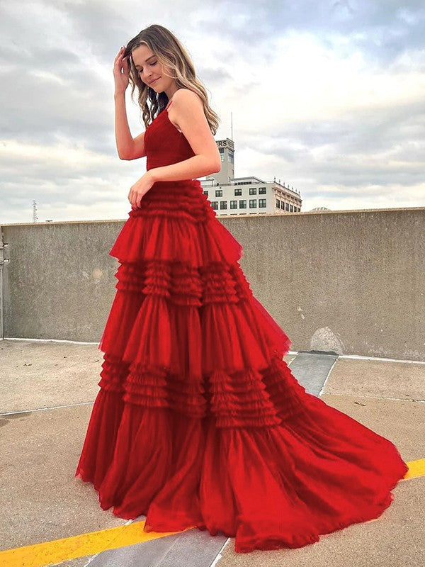 A-Line/Princess Ruffles V-neck Sleeveless Sweep/Brush Train Dresses