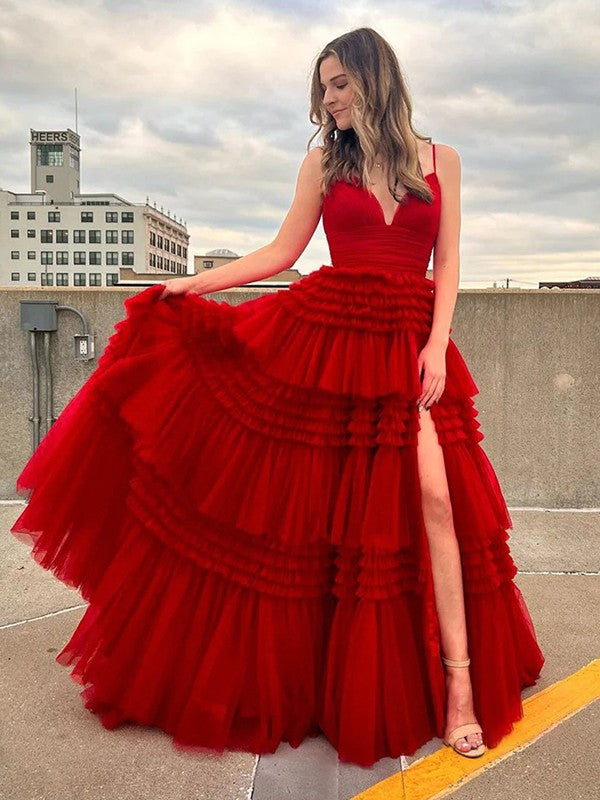 A-Line/Princess Ruffles V-neck Sleeveless Sweep/Brush Train Dresses