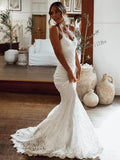 Sheath/Column V-neck Sleeveless Court Train Wedding Dresses