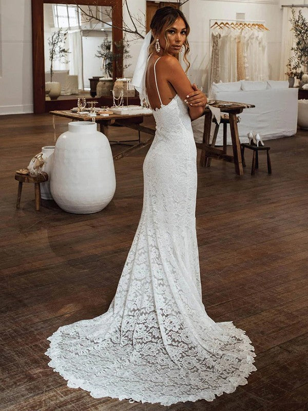 Sheath/Column V-neck Sleeveless Court Train Wedding Dresses
