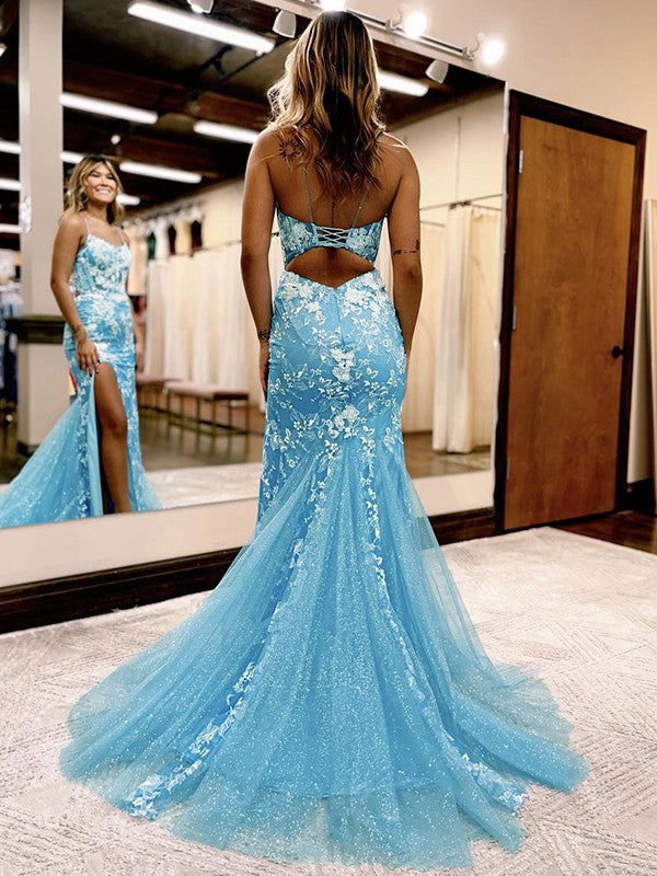 Sheath/Column Applique Spaghetti Straps Sleeveless Sweep/Brush Train Dresses