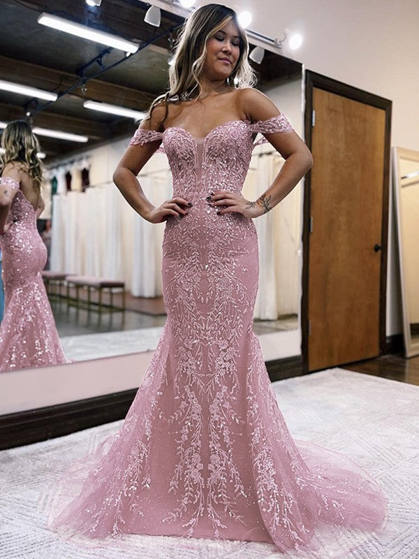 Sheath/Column Applique Off-the-Shoulder Sleeveless Court Train Dresses