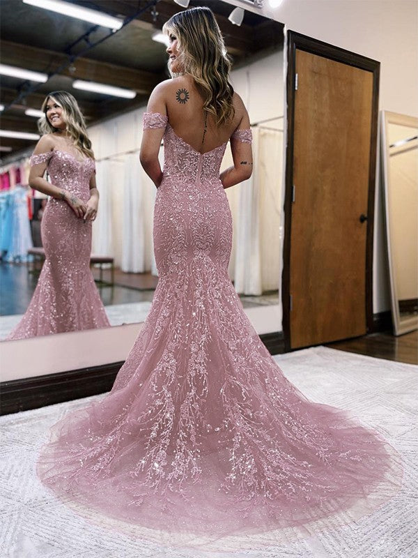 Sheath/Column Applique Off-the-Shoulder Sleeveless Court Train Dresses