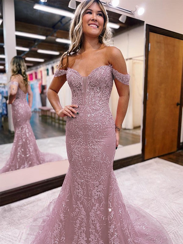 Sheath/Column Applique Off-the-Shoulder Sleeveless Court Train Dresses