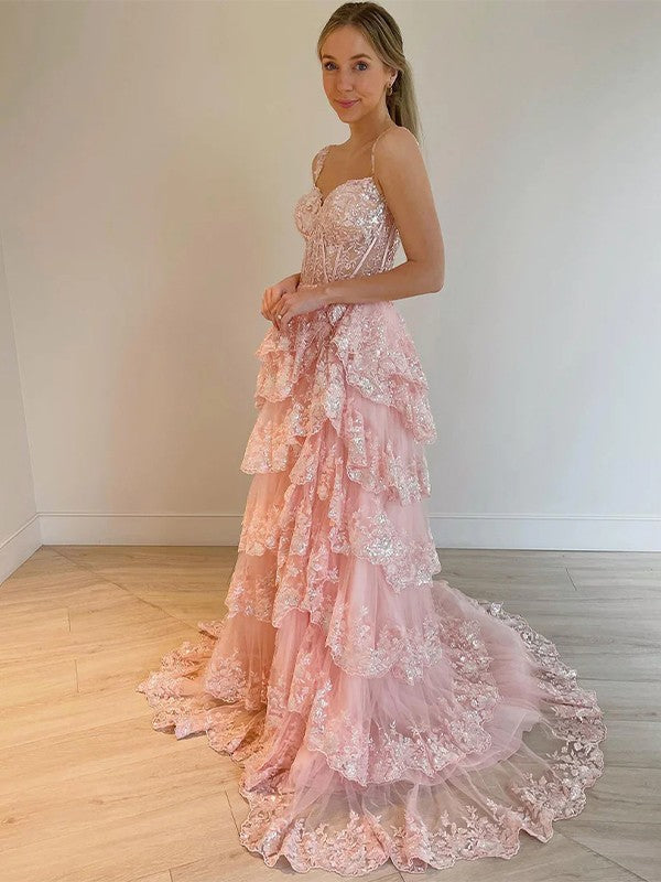 A-Line/Princess Straps Sleeveless Court Train Dresses