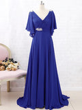 A-Line/Princess Beading V-neck Short Sleeves Sweep/Brush Train Mother of the Bride Dresses