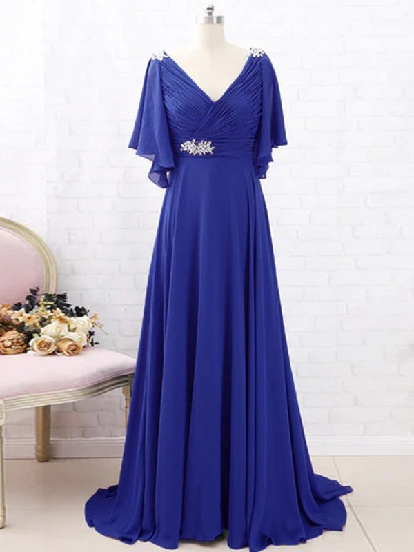 A-Line/Princess Beading V-neck Short Sleeves Sweep/Brush Train Mother of the Bride Dresses