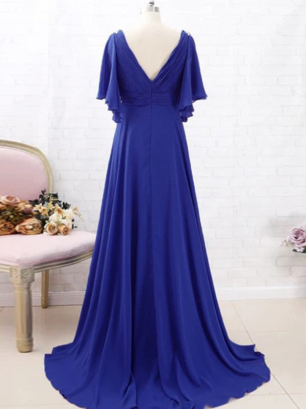 A-Line/Princess Beading V-neck Short Sleeves Sweep/Brush Train Mother of the Bride Dresses