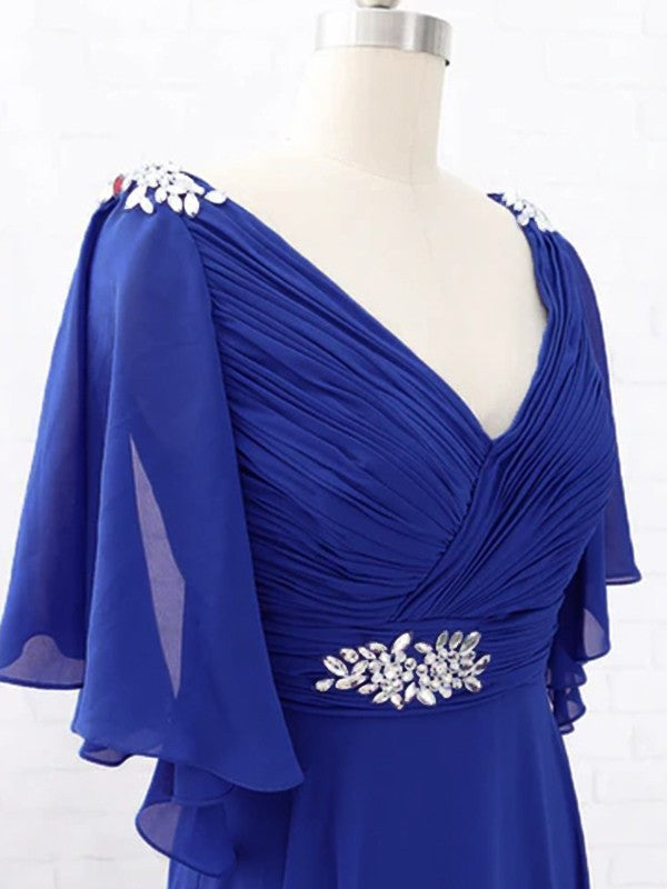 A-Line/Princess Beading V-neck Short Sleeves Sweep/Brush Train Mother of the Bride Dresses