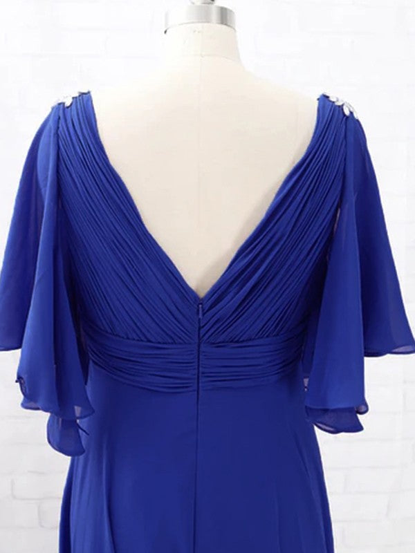 A-Line/Princess Beading V-neck Short Sleeves Sweep/Brush Train Mother of the Bride Dresses