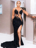 Sheath/Column Sequins Scoop Long Sleeves Chapel Train Dresses