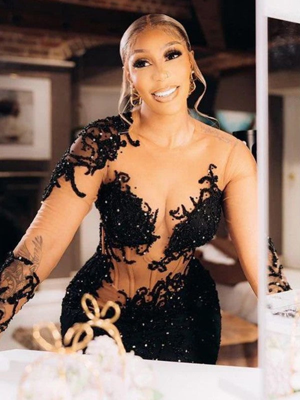 Sheath/Column Sequins Scoop Long Sleeves Chapel Train Dresses