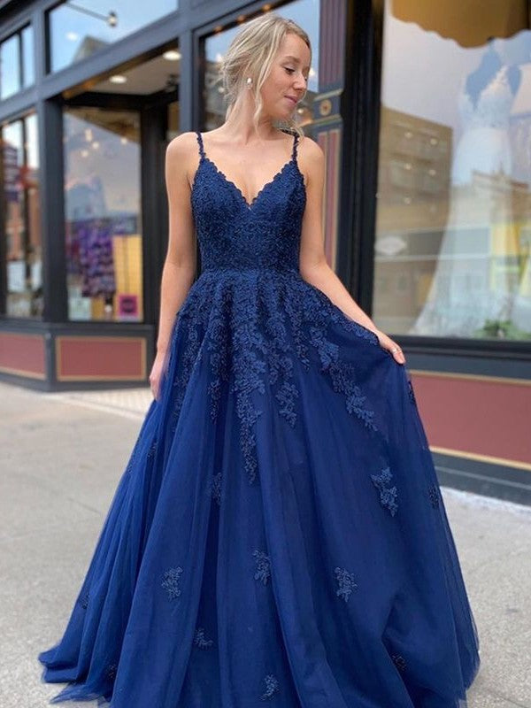 A-Line/Princess Applique V-neck Sleeveless Sweep/Brush Train Dresses