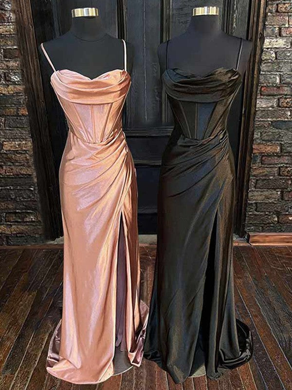 Sheath/Column like Pleats Spaghetti Straps Sleeveless Sweep/Brush Train Dresses