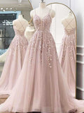 A-Line/Princess Applique V-neck Sleeveless Sweep/Brush Train Dresses