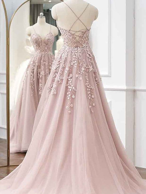 A-Line/Princess Applique V-neck Sleeveless Sweep/Brush Train Dresses