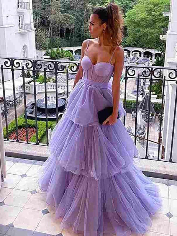 A-Line/Princess Layers Spaghetti Straps Sleeveless Floor-Length Dresses