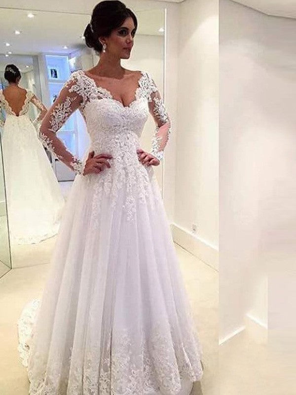 Ball Gown V-neck Long Sleeves Court Train Wedding Dresses