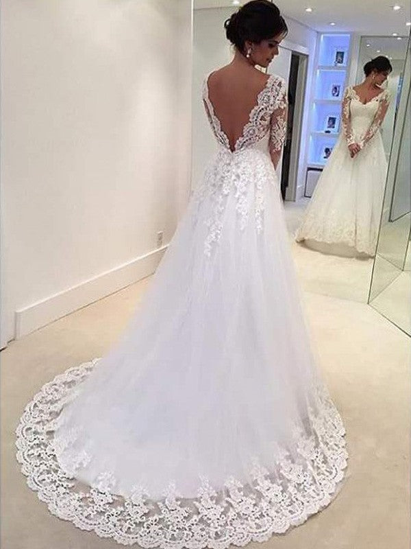Ball Gown V-neck Long Sleeves Court Train Wedding Dresses
