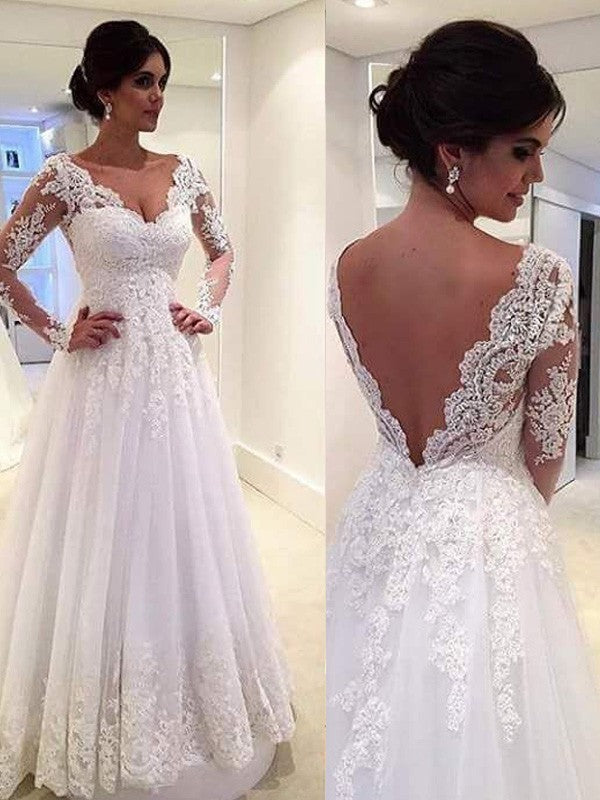 Ball Gown V-neck Long Sleeves Court Train Wedding Dresses