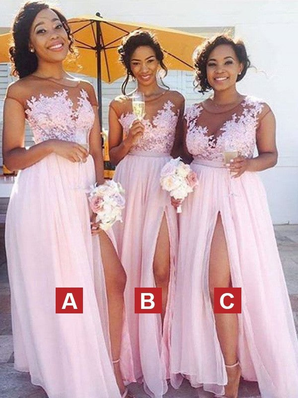A-Line/Princess Scoop Sleeveless Floor-Length Applique Bridesmaid Dresses