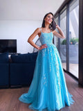 A-Line/Princess Spaghetti Straps Sleeveless Applique Sweep/Brush Train Dresses