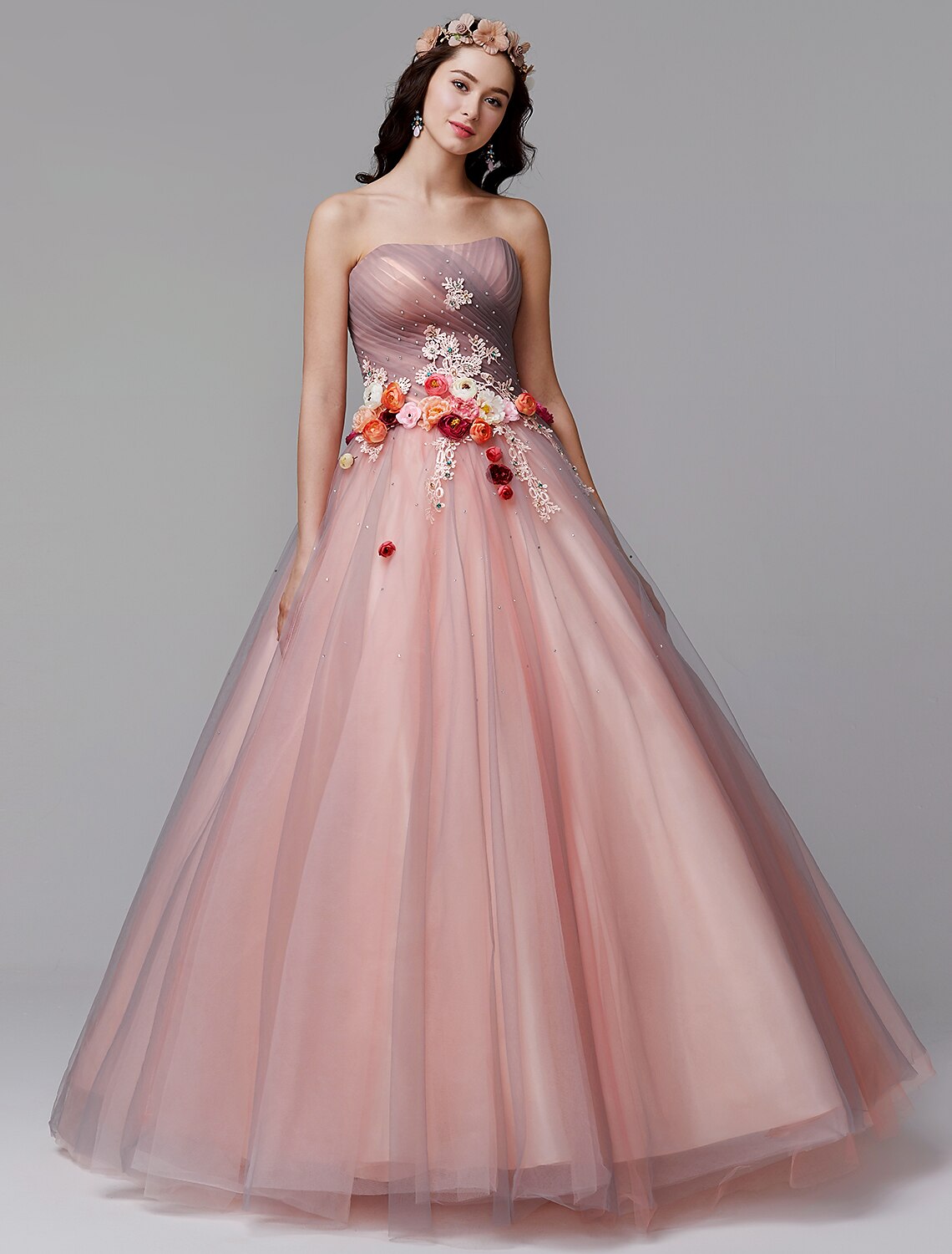 Ball Gown Floral Formal Evening Dress Strapless Sleeveless Floor Length with Pleats Flower